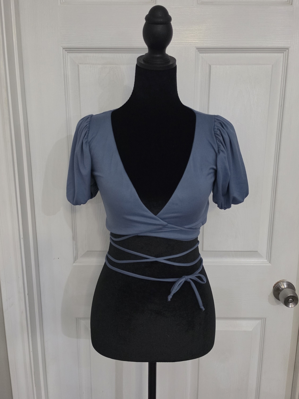 Hot Miami Styles Dusty Blue Wrap Puff-Sleeve Crop Top Size Small